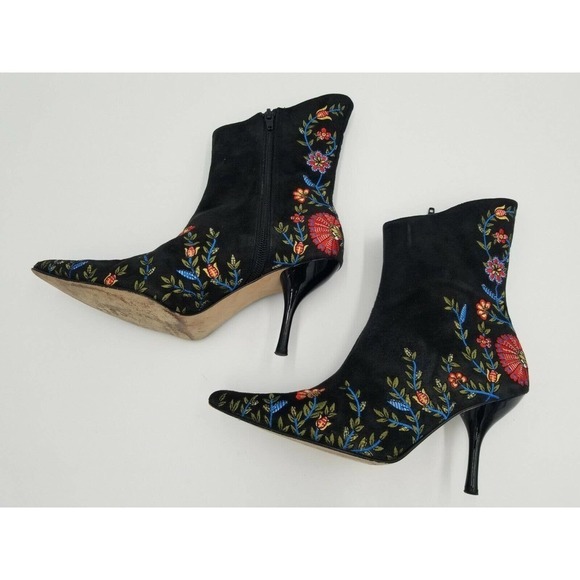 Beverly Feldman Ankle Boots Stiletto Pointed Toe Flower Embroidered Black 5.5 - Picture 5 of 12
